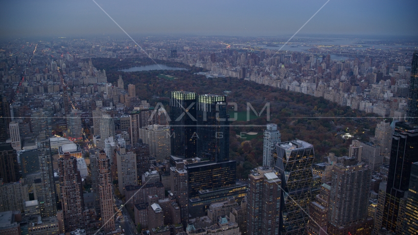 Time Warner Center and Central Park at sunset in New York City Aerial Stock Photo AX121_091.0000084F | Axiom Images