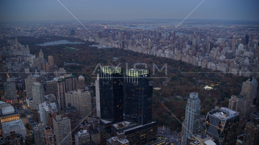 Time Warner Center towers and Central Park at sunset in New York City Aerial Stock Photo AX121_091.0000268F | Axiom Images