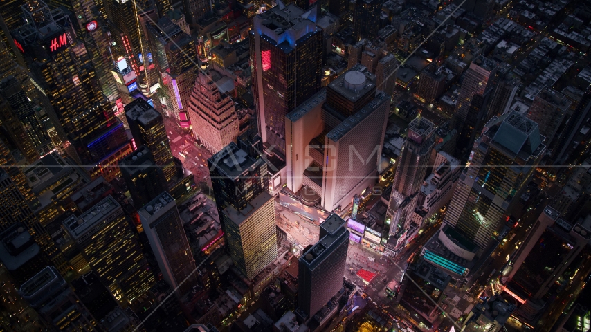 A bird's eye view of Times Square at sunset in Midtown, New York City Aerial Stock Photo AX121_106.0000079F | Axiom Images