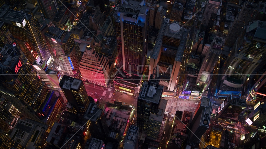 A bird's eye of Times Square at sunset in Midtown Manhattan, New York City Aerial Stock Photo AX121_106.0000271F | Axiom Images