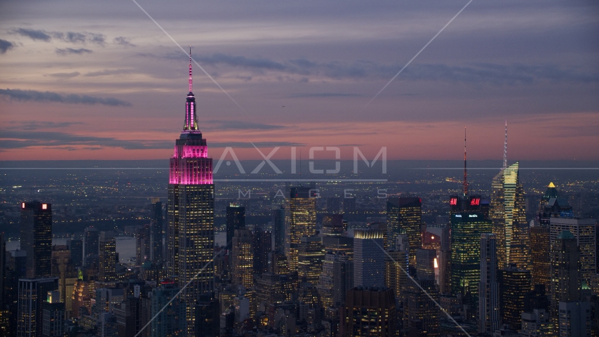 Empire State Building and Midtown skyscrapers at sunset in New York City Aerial Stock Photo AX121_113.0000150F | Axiom Images