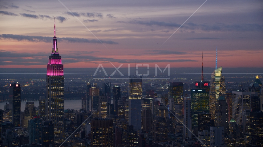 The Empire State Building and Midtown high-rises at sunset, New York City Aerial Stock Photo AX121_114.0000092F | Axiom Images