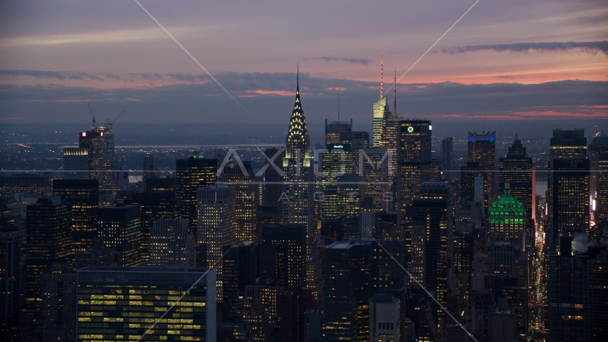 The Chrysler Building and Midtown high-rises at sunset in New York City Aerial Stock Photo AX121_117.0000133F | Axiom Images