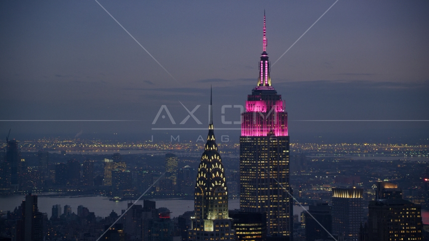 The Chrysler Building and Empire State Building at sunset, Midtown Manhattan, New York City Aerial Stock Photo AX121_121.0000242F | Axiom Images