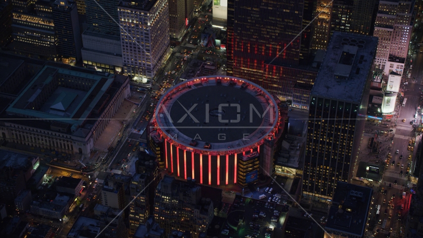 Madison Square Garden at sunset in Midtown Manhattan, New York City Aerial Stock Photo AX121_129.0000338F | Axiom Images