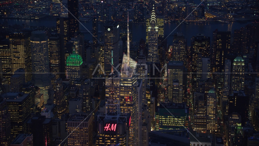 Top of Bank of America Tower in Midtown at night in New York City Aerial Stock Photo AX121_132.0000030F | Axiom Images