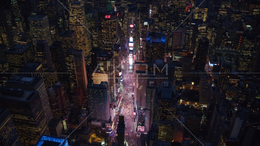 Times Square at night in Midtown Manhattan, New York City Aerial Stock Photo AX121_134.0000303F | Axiom Images