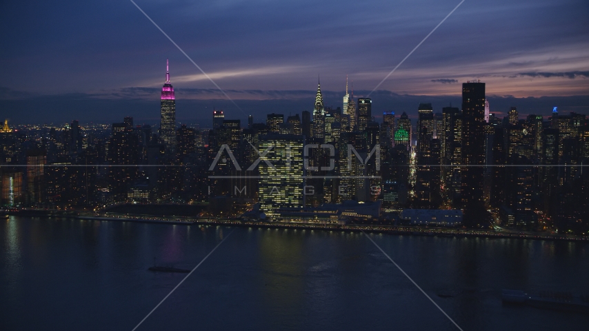The UN Building in Midtown Manhattan at night, New York City Aerial Stock Photo AX121_144.0000246F | Axiom Images