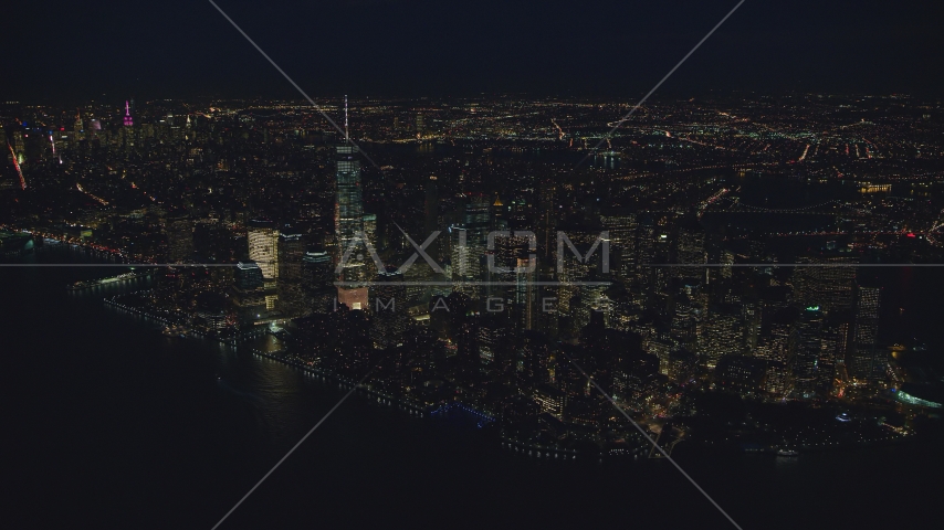 Freedom Tower and Lower Manhattan at night, New York City Aerial Stock Photo AX121_173.0000009F | Axiom Images