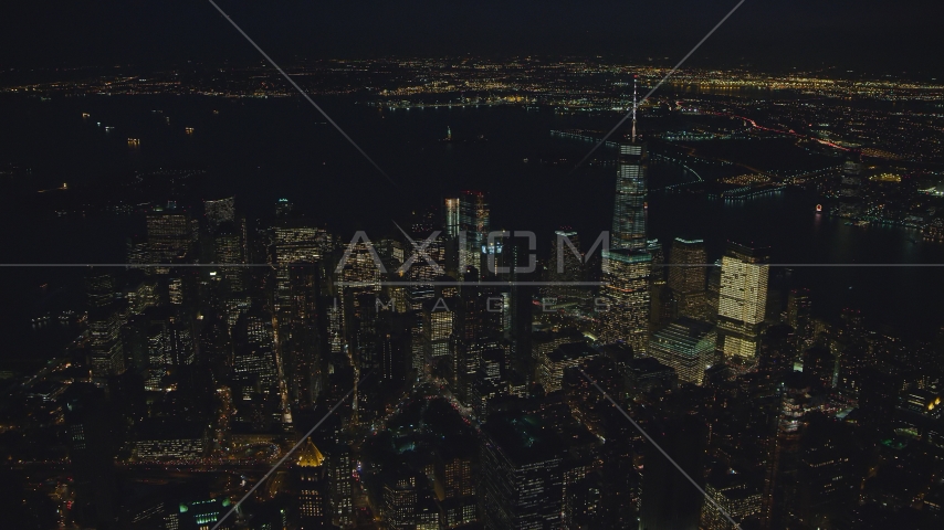 Skyscrapers in Lower Manhattan at nighttime in New York City Aerial Stock Photo AX121_177.0000336F | Axiom Images