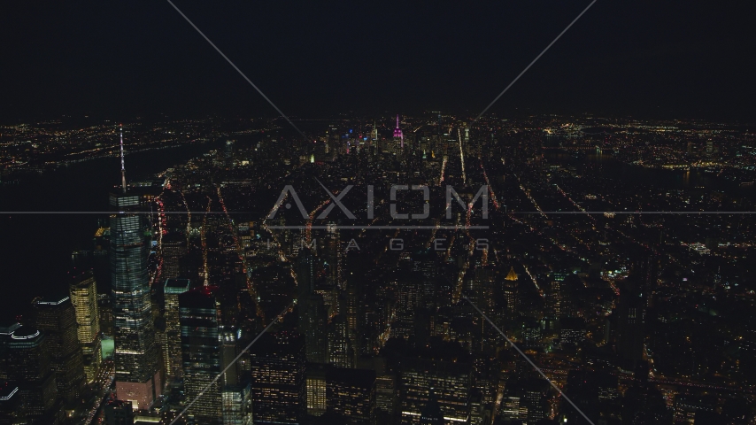 Midtown seen from near Freedom Tower at night in New York City Aerial Stock Photo AX121_185.0000166F | Axiom Images