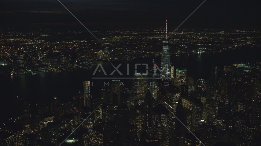Freedom Tower and World Trade Center skyscrapers at night in New York City Aerial Stock Photo AX121_189.0000150F | Axiom Images
