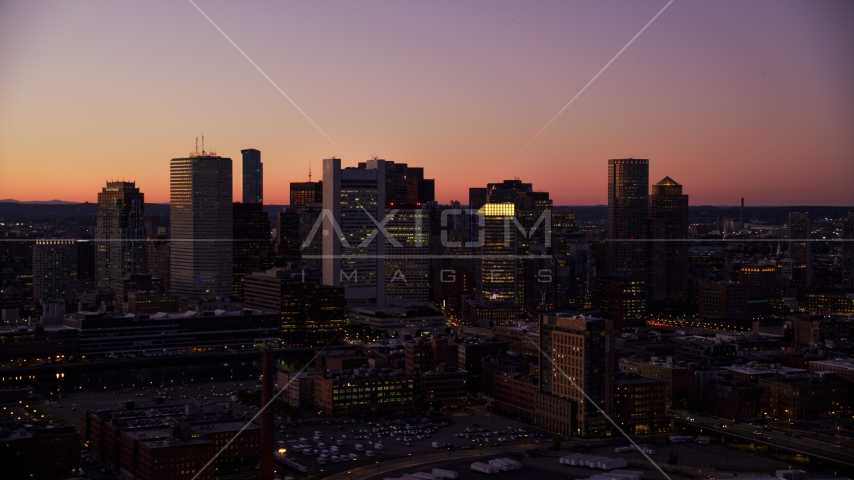 Skyscrapers in the Downtown Boston skyline, Massachusetts, twilight Aerial Stock Photo AX141_019.0000000 | Axiom Images