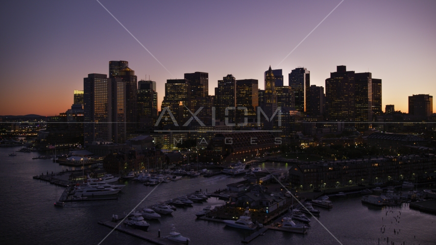 Skyscrapers of the skyline of Downtown Boston, Massachusetts, twilight Aerial Stock Photo AX141_030.0000311 | Axiom Images