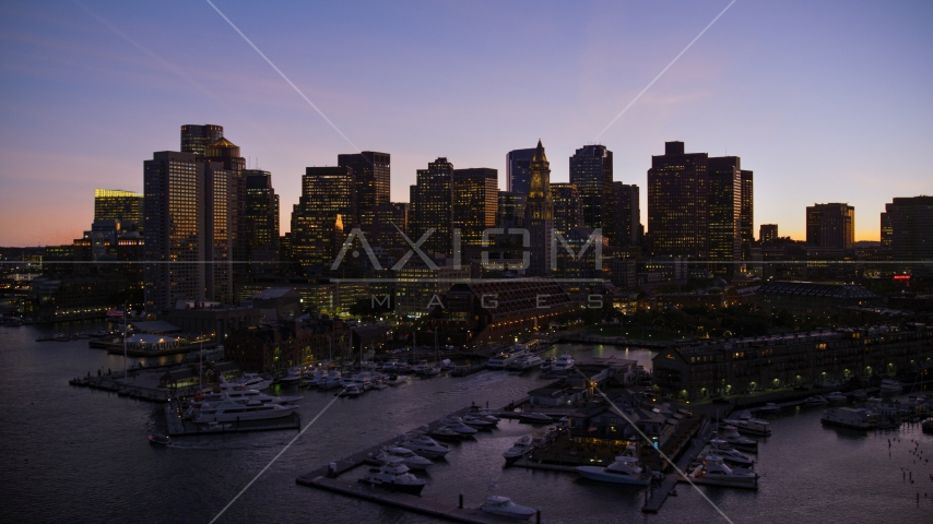 The waterfront skyline of Downtown Boston, Massachusetts, twilight Aerial Stock Photo AX141_031.0000000 | Axiom Images