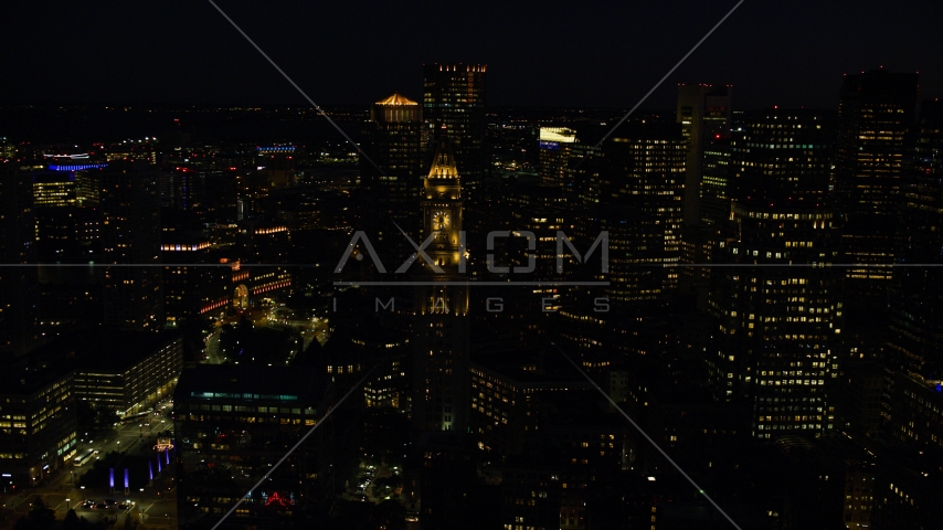 Custom House Tower skyscraper in Downtown Boston, Massachusetts, night Aerial Stock Photo AX141_077.0000075 | Axiom Images