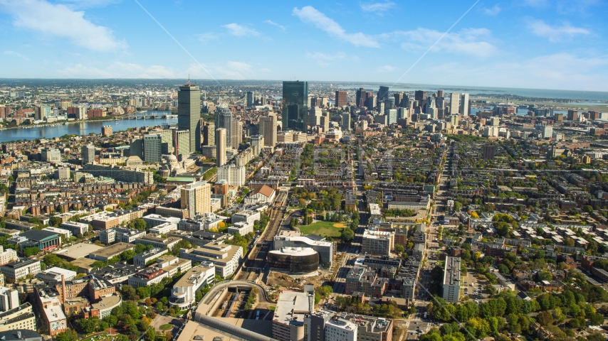 The Downtown Boston skyline on a sunny autumn day, Massachusetts Aerial Stock Photo AX142_018.0000259 | Axiom Images