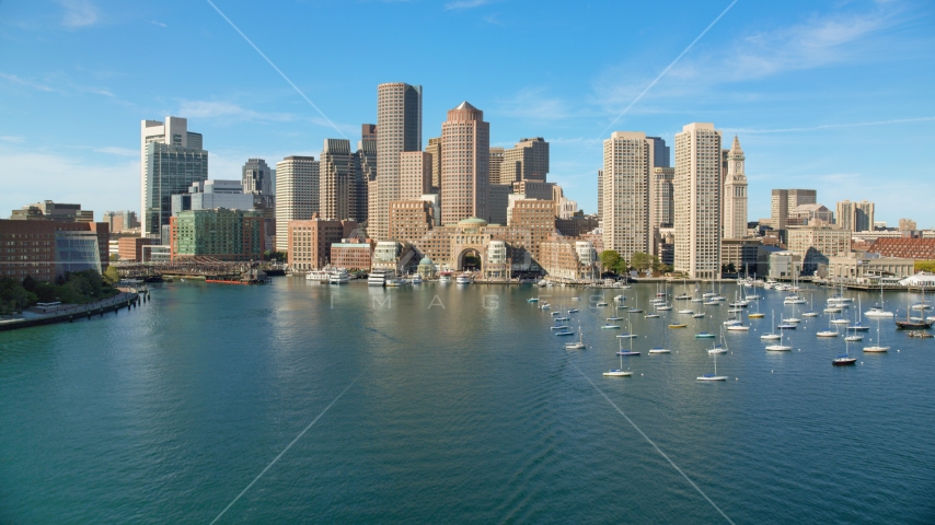Rowes Wharf, One and Two International Place and skyscrapers in Downtown  Boston, Massachusetts Aerial Stock Photo AX142_037.0000138