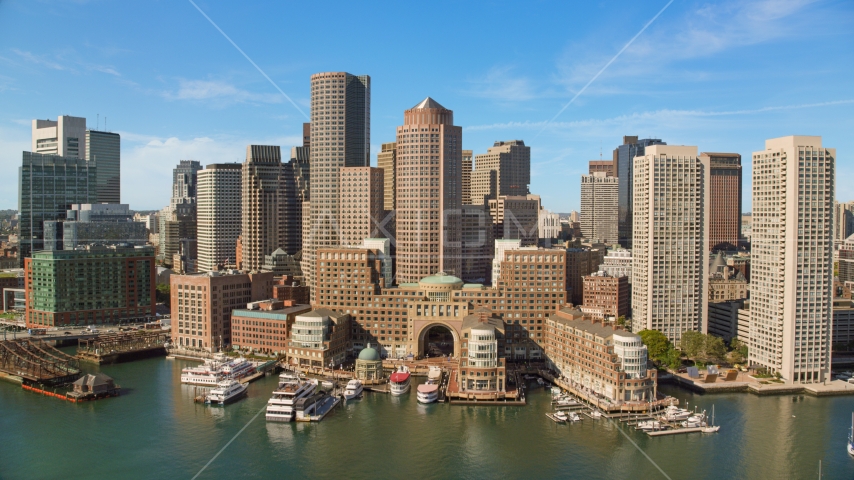 Rowes Wharf, One and Two International Place and skyscrapers in Downtown Boston, Massachusetts Aerial Stock Photo AX142_037.0000138 | Axiom Images