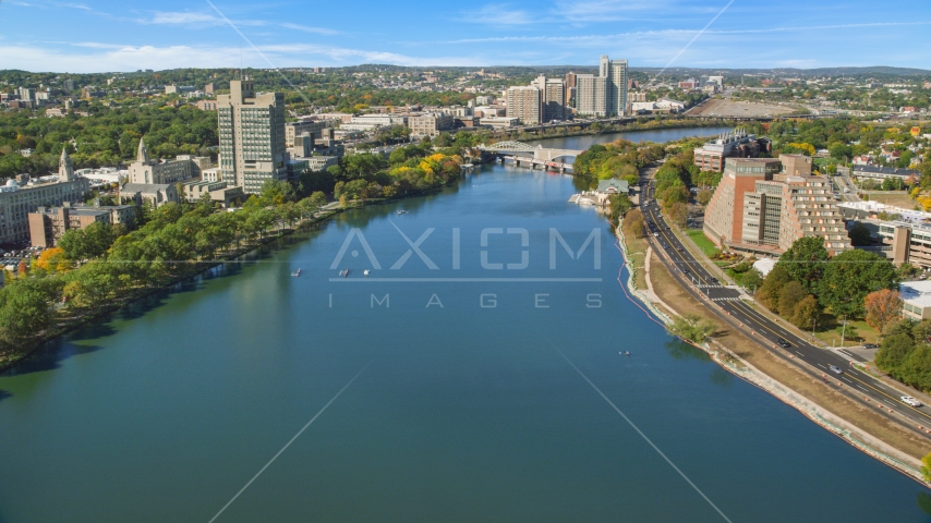 Charles River by office buildings, Boston, Massachusetts Aerial Stock Photo AX142_057.0000212 | Axiom Images
