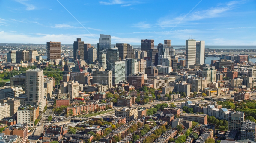 City buildings and towering skyscrapers in Downtown Boston, Massachusetts Aerial Stock Photo AX142_149.0000336 | Axiom Images