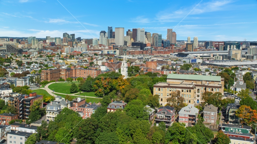 Dorchester Heights Monument in South Boston, and Downtown Boston skyline, Massachusetts Aerial Stock Photo AX142_226.0000344 | Axiom Images