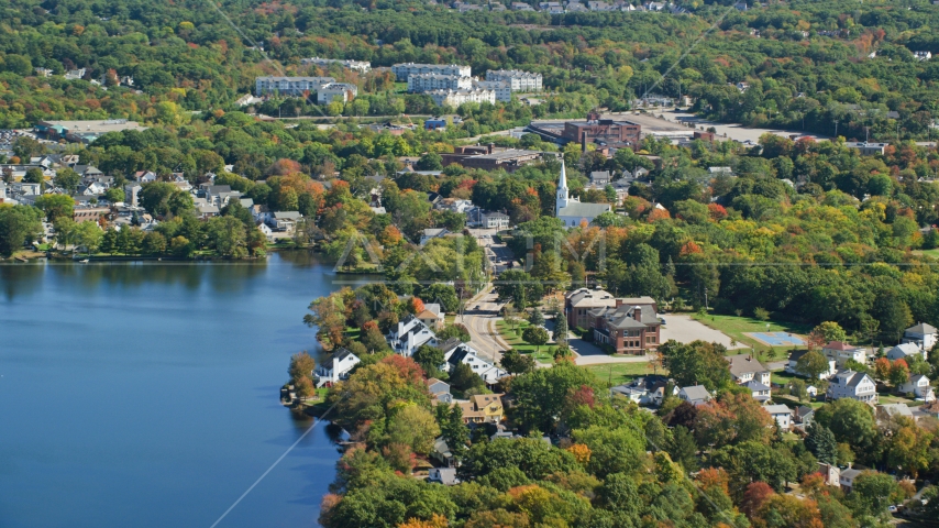 Small town with waterfront homes in autumn, Braintree, Massachusetts Aerial Stock Photo AX143_008.0000000 | Axiom Images