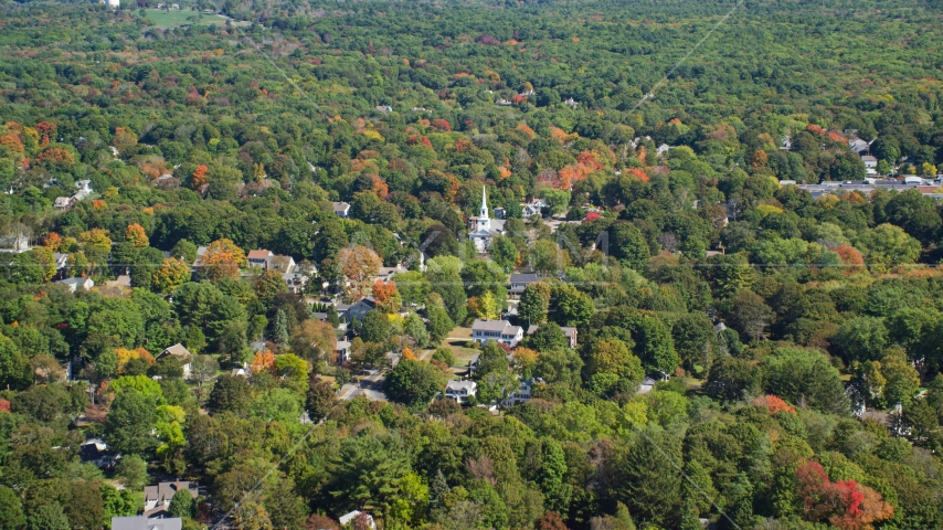A small town with autumn trees around a church, Hingham, Massachusetts Aerial Stock Photo AX143_017.0000354 | Axiom Images