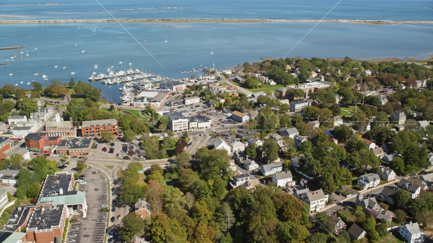 A small coastal town by Plymouth Harbor, Plymouth, Massachusetts Aerial Stock Photo AX143_094.0000227 | Axiom Images