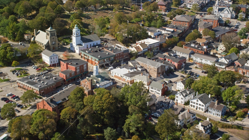 Churches and shops in the small town of Plymouth, Massachusetts Aerial Stock Photo AX143_096.0000114 | Axiom Images