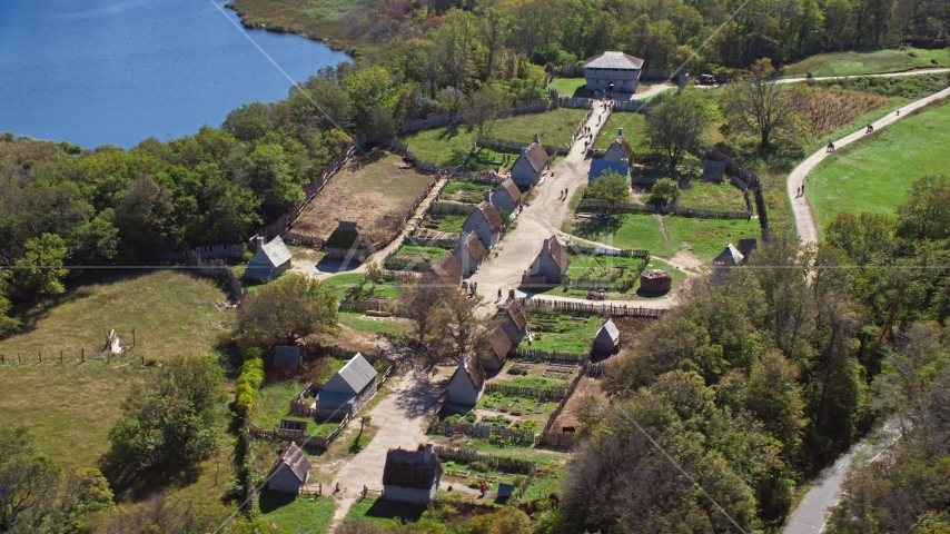 Plimoth Plantation near the water in Plymouth, Massachusetts Aerial Stock Photo AX143_108.0000118 | Axiom Images