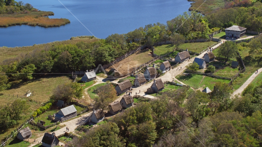 A view of Plimoth Plantation in Plymouth, Massachusetts Aerial Stock Photo AX143_108.0000260 | Axiom Images