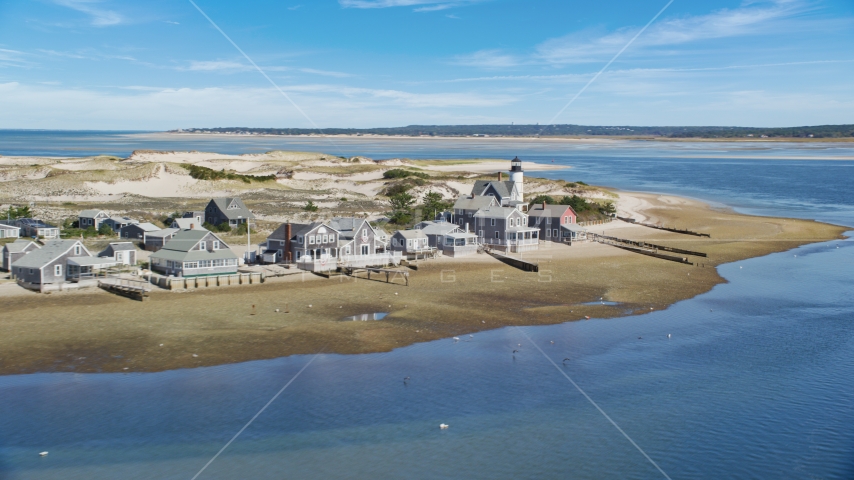 Small town of Sandy Neck Colony and Sandy Neck Light on Cape Cod, Barnstable, Massachusetts Aerial Stock Photo AX143_143.0000261 | Axiom Images