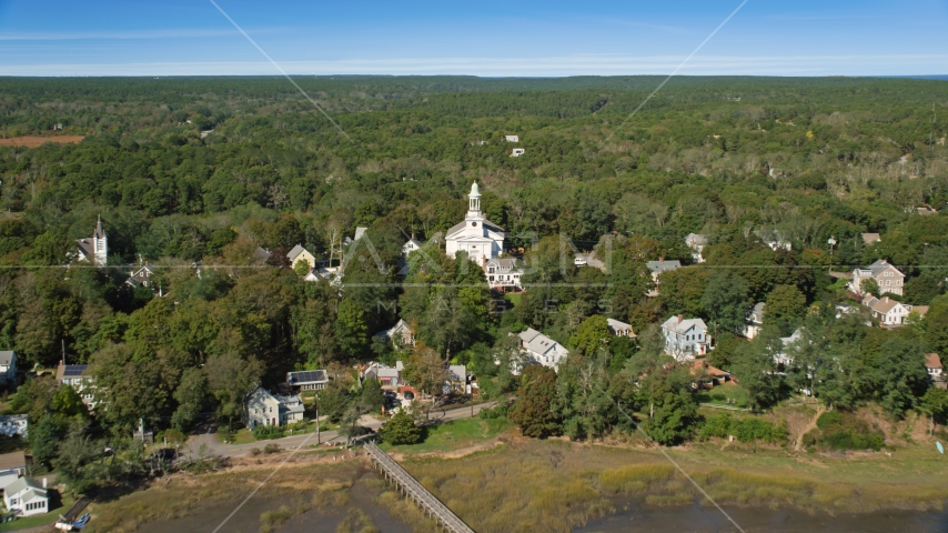 A small coastal community and First Congregational Church, Wellfleet, Massachusetts Aerial Stock Photo AX143_197.0000247 | Axiom Images