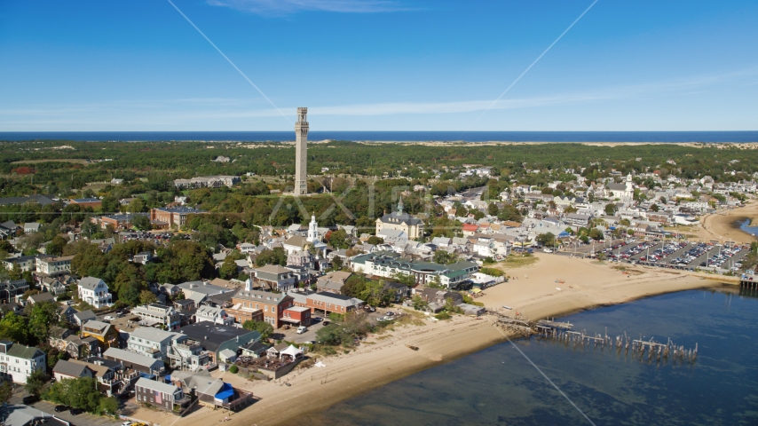 The Pilgrim Monument in a small coastal town, Provincetown, Massachusetts Aerial Stock Photo AX143_226.0000024 | Axiom Images