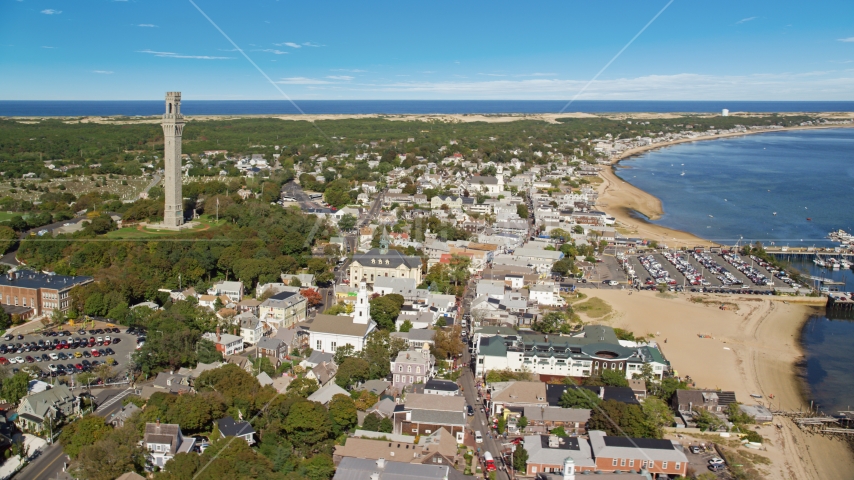 The iconic Pilgrim Monument in a small coastal town, Provincetown, Massachusetts Aerial Stock Photo AX143_226.0000243 | Axiom Images