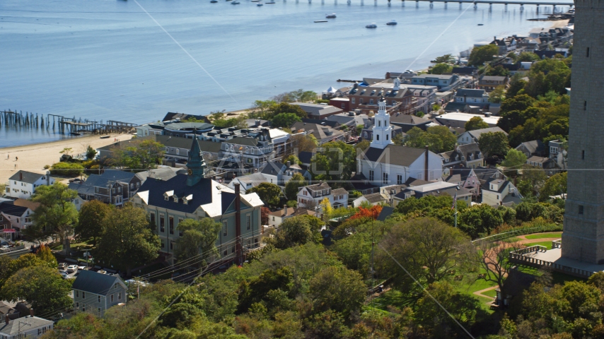 The Provincetown Town Hall and the Unitarian Universalist Meeting House, Provincetown, Massachusetts Aerial Stock Photo AX143_229.0000000 | Axiom Images