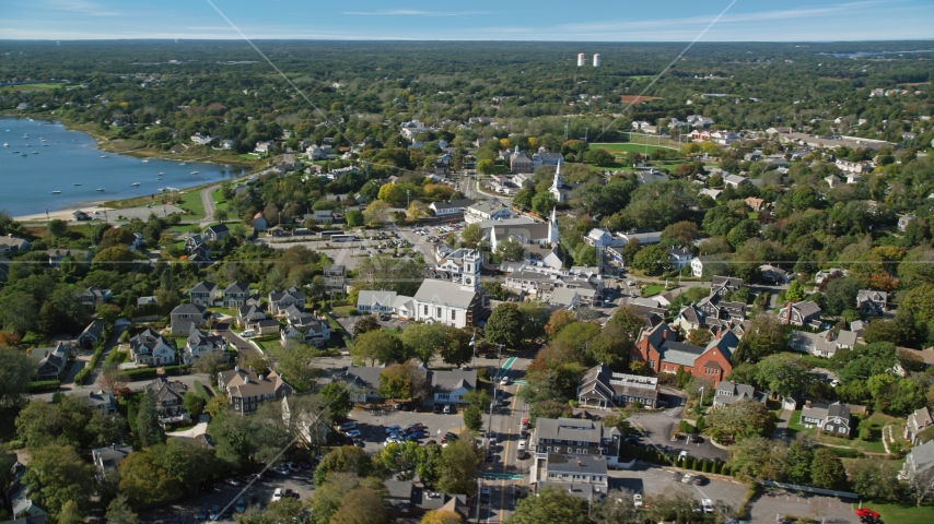 A small coastal town with churches, Cape Cod, Chatham, Massachusetts Aerial Stock Photo AX144_050.0000000 | Axiom Images