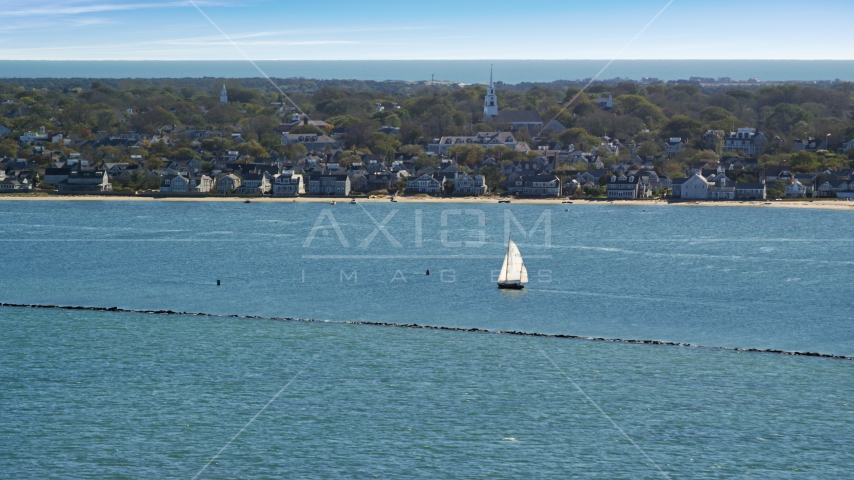 A small island town, sailboats on water, Nantucket, Massachusetts Aerial Stock Photo AX144_074.0000000 | Axiom Images