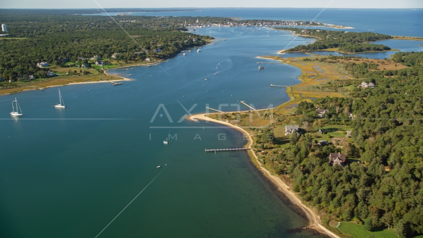 A view of Katama Bay by Edgartown, Martha's Vineyard, Massachusetts Aerial Stock Photo AX144_130.0000000 | Axiom Images