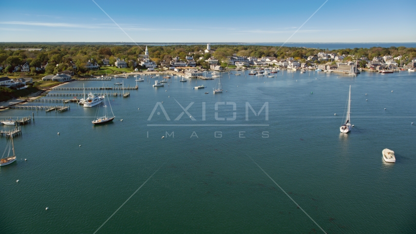 Boats moored near piers in Edgartown, Martha's Vineyard, Massachusetts Aerial Stock Photo AX144_134.0000107 | Axiom Images