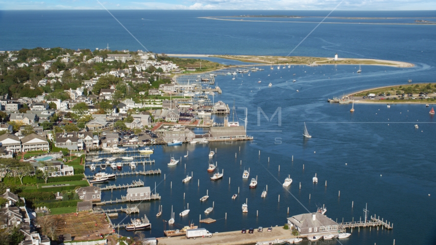 A small coastal town and piers, Edgartown, Martha's Vineyard, Massachusetts Aerial Stock Photo AX144_139.0000133 | Axiom Images