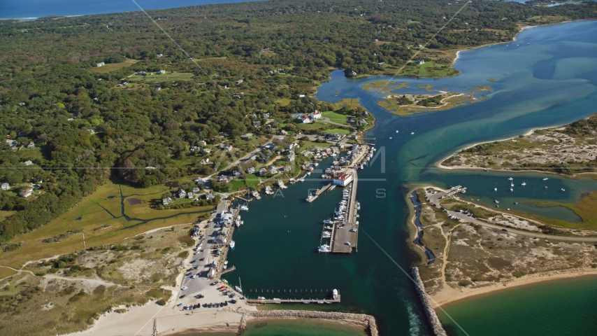 A coastal town by Menemsha Pond, Chilmark, Martha's Vineyard, Massachusetts Aerial Stock Photo AX144_160.0000303 | Axiom Images