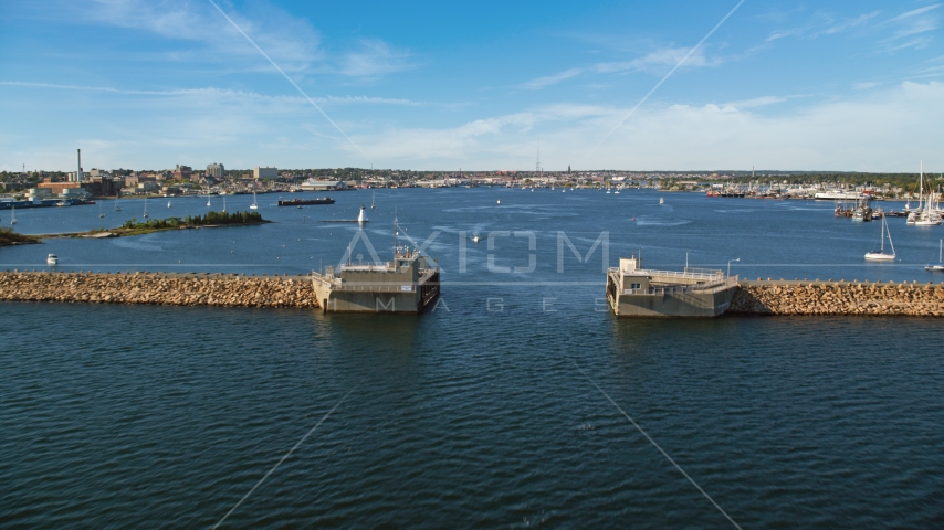 Palmer Island Light and the harbor in New Bedford, Massachusetts Aerial Stock Photo AX144_191.0000011 | Axiom Images