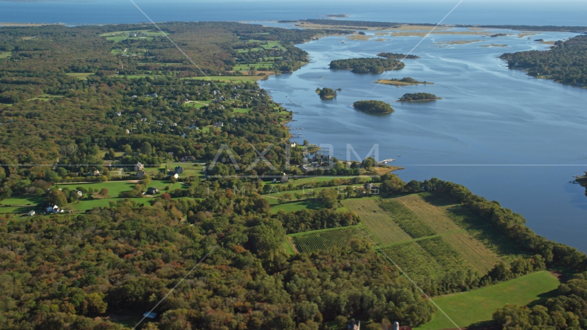 A rural coastal neighborhood, tiny islands in bay, Westport, Massachusetts Aerial Stock Photo AX144_216.0000000 | Axiom Images