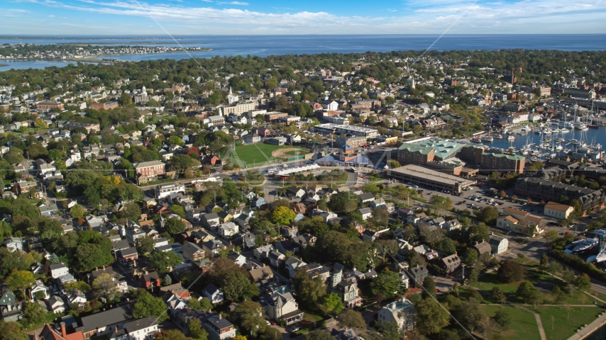 A baseball field surrounded by the coastal community of Newport, Rhode Island Aerial Stock Photo AX144_230.0000305 | Axiom Images