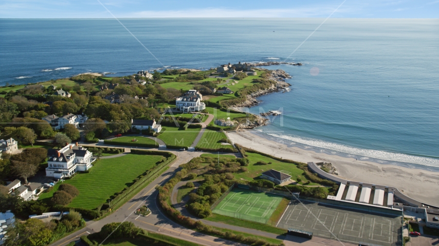 Oceanfront mansions in the coastal city of Newport, Rhode Island Aerial Stock Photo AX144_248.0000229 | Axiom Images