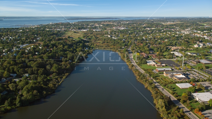 A coastal community and green trees, Newport, Rhode Island Aerial Stock Photo AX144_260.0000066 | Axiom Images