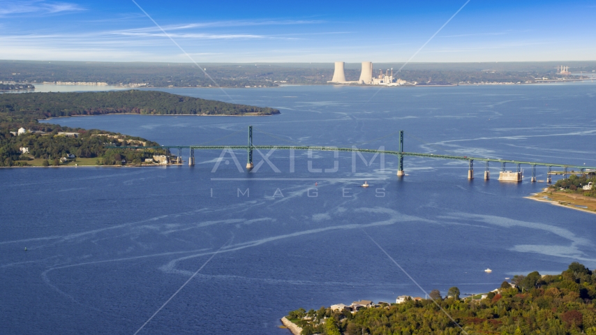 Mount Hope Bridge and the Dynegy Brayton Point, Portsmouth, Rhode Island Aerial Stock Photo AX145_009.0000059 | Axiom Images