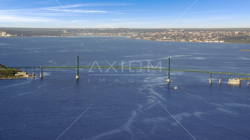 Mount Hope Bridge and Mount Hope Bay, Portsmouth, Rhode Island Aerial Stock Photo AX145_010.0000220 | Axiom Images